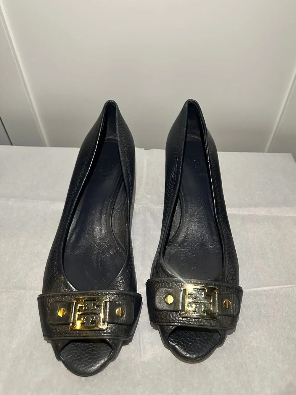 Tory Burch Navy Blue Leather Peep-Toe Kitten Heel Wedge with Gold Logo Accent